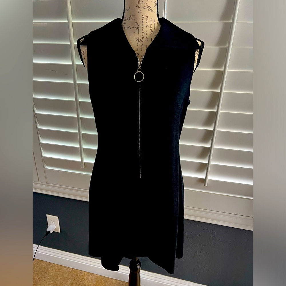 Above any length black sleeveless dress with zipper. Very mod!  With lining